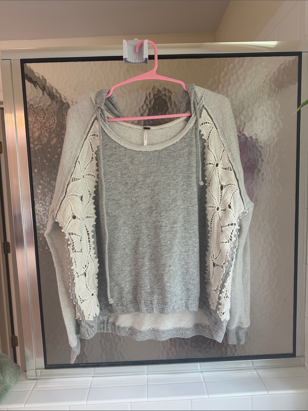 Free People Gray Hoodie Sweater with White Crochet Sleeve Panels